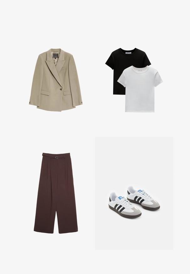 Beiger Ein-Knopf-Blazer mit breiten Revers, zwei aufgesetzten Fronttaschen und einer Brustpaspeltasche, versehen mit einem gemusterten Innenfutter.; Zwei T-Shirts mit Rundhalsausschnitt in Schwarz und Weiß, aus Baumwolle. Sie haben kurze Ärmel und einfarbiges Design ohne Muster oder Akzente.; Stradivarius WIDE-LEG WITH BUCKLE DETAIL - Stoffhose - dark brown; Sportschuhe mit einem Obermaterial aus weißem Leder, grauer Wildleder-Zehenkappe und drei schwarzen Streifen. Sie verfügen über ein blaues Logo auf der Zunge und eine strukturierte Gummisohle.