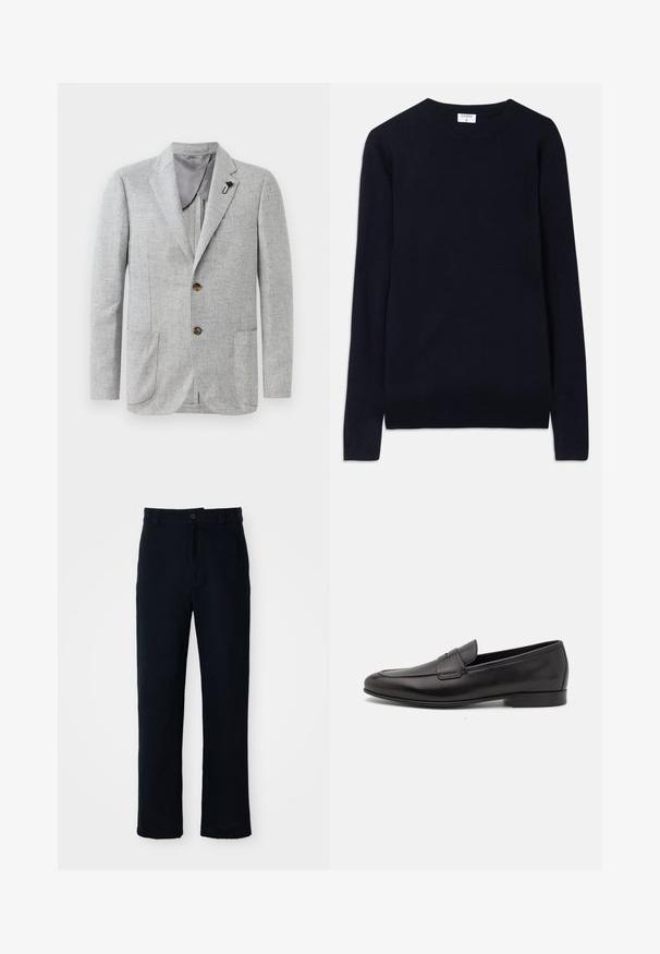 Light gray blazer featuring a textured fabric, two front pockets, and brown buttons. The interior has a smooth gray lining with an accent pin.; Navy blue crew-neck sweater made of soft fabric, featuring long sleeves and ribbed detailing at the collar and hem. Clean, minimalist design.; Navy blue trousers made of cotton, featuring a straight-leg design, a front button closure, and classic waistband with belt loops.; Black leather men's loafer with a low heel and a classic penny strap design, shown in side profile on a white background.