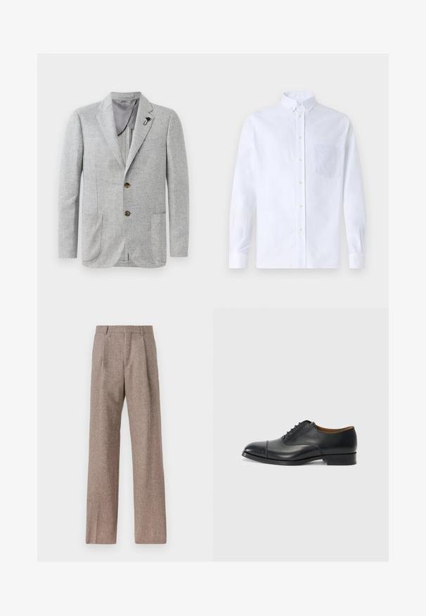 Lysegrå blazer med struktureret stof, to frontlommer og brune knapper. Indvendigt har den en glat grå foring med en accentnål.; Hvid langærmet skjorte med knapper lavet af bomuld, med en brystlomme med tonal broderi, krave og knapmanchetter.; Brune, højtaljede bukser lavet af tekstureret stof. Har brede ben og to frontfoldninger for struktur. Pæn finish uden synlig hardware.; Sort lædersko med glat overflade, rund tå, fem snørrehuller og lav blokhæl. Minimalistisk design med diskret syninger.