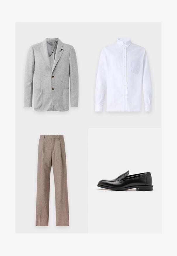 Jasnoszary blezer z teksturowanej tkaniny, z dwoma przednimi kieszeniami i brązowymi guzikami. Wnętrze ma gładką szaro-srebrną podszewkę z akcentującą przypinką.; Biała koszula z długim rękawem na guziki, wykonana z bawełny, z kieszonką na piersi z tonowym haftem, kołnierzykiem i zapięciem na guziki przy mankietach.; Brązowe, wysokiej talii spodnie wykonane z teksturowanej tkaniny. Posiadają szerokie nogawki i dwa przednie zakładki dla lepszej struktury. Starannie wykończone, bez widocznych elementów metalowych.; Czarne skórzane mokasyny o gładkiej fakturze, zaokrąglonym nosku i dekoracyjnym pasku na przodzie. Niski, warstwowy obcas, minimalistyczny design.
