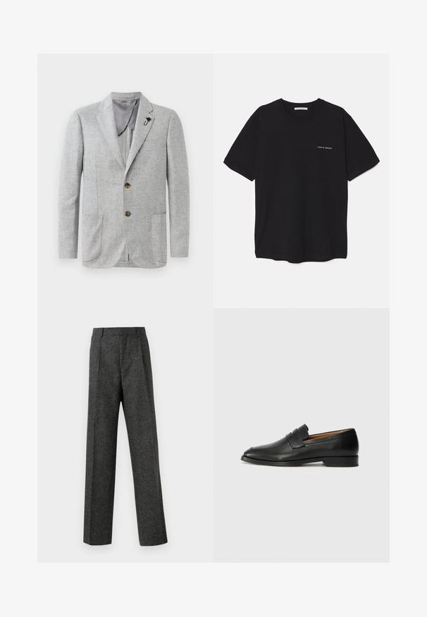 Vaaleanharmaa bleiseri, jossa on teksturoitu kangas, kaksi etutaskua ja ruskeat napit. Sisäpuolella on sileä harmaa vuori, jossa on korostusneula.; Musta puuvillapaita, jossa on pyöreä kaula-aukko, lyhyet hihat ja valkoinen logopainatus vasemmassa rinnassa. Yksinkertainen, tasavärinen design.; Harmaat räätälöidyt housut, jotka on valmistettu teksturoidusta kankaasta, ja niissä on kaksi etutaskua ja suora lahjemuoto. Ei näkyviä taskuja tai koristeluja.; Musta nahkainen loafer, jossa on pyöreä kärki, hienovarainen ommelkoristelu ja matala korko, joka on varustettu sileällä pinnalla ja minimalistisella designilla.