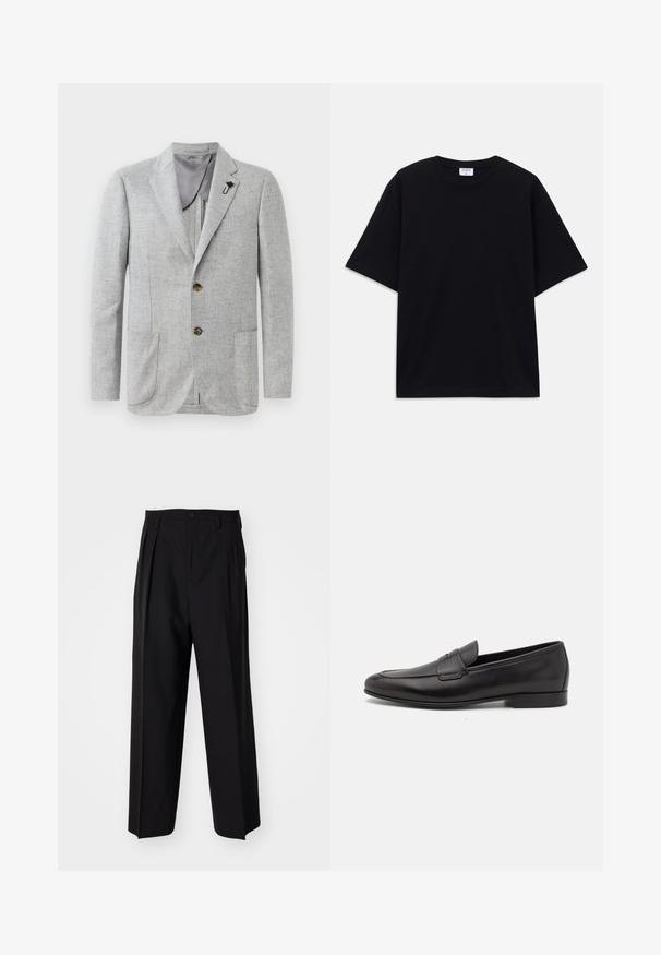 Blazer grigio chiaro con tessuto testurizzato, due tasche frontali e bottoni marroni. L'interno ha un rivestimento grigio liscio con una spilla in accentuazione.; T-shirt oversize nera a maniche corte con scollatura rotonda e etichetta del marchio Filippa K visibile all'interno del colletto.; Pantaloni neri a pieghe con un design dritto e gamba larga. Realizzati in tessuto morbido, con chiusura a bottone e passanti per cintura.; Mocassino da uomo in pelle nera con tacco basso e design classico a striscia, mostrato in profilo laterale su sfondo bianco.
