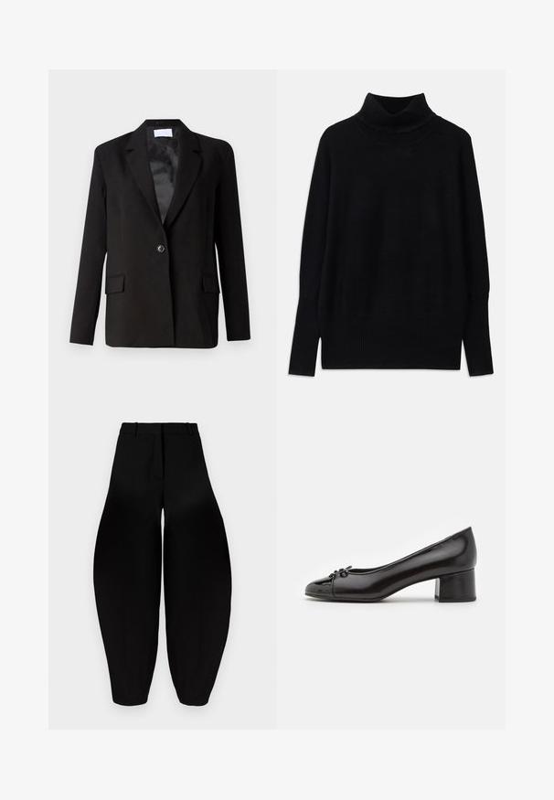 Crni sako izrađen od glatkog materijala, s jednim dugmetom, dva prednja džepa, oštrim reverima i satenskim završetkom unutrašnjosti.; Crni pulover s visokim ovratnikom izrađen od mekog materijala, s rebrastim detaljima na ovratniku i manžetama, s opuštenim krojem i bočnim prorezima.; Crne široke hlače s visokim strukom, naboranim prednjim dijelom i suženim gležnjevima. Izrađene su od glatkog materijala s mat završnom obradom.; Crne cipele od lakirane kože s okruglim vrhom, malim mašnicom sprijeda i niskim blok petama. Glatka textura kroz cijelu cipelu.
