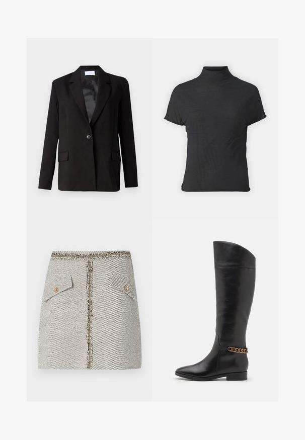 Čierny sak z hladkej tkaniny, so zapínaním na jeden gombík, dvoma prednými vreckami, ostrými klopami a saténovou podšívkou.; Čierny krátky rukáv turtleneck top vyrobený z ľahkej látky s hladkou textúrou a priliehavým strihom, s vysokým výstrihom.; Tkaná tweedová sukňa v bielo-čiernom herringbone vzore, má dve predné vrecká a zlatý zips na zadnej strane s rozstrapkanými okrajmi.; Vysoké čierne kožené čižmy so štíhlym dizajnom, špicatou špičkou a zlatým reťazovým akcentom na členku. Nízky blokový podpätok. Hladká textúra.