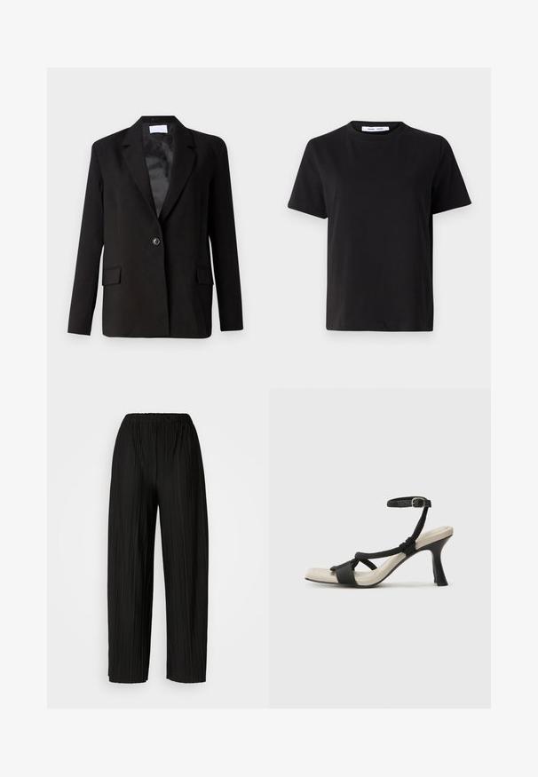 Blazer noir en tissu lisse, doté d'une fermeture à un bouton, de deux poches avant, de revers pointus et d'un intérieur en satin.; T-shirt noir à manches courtes en coton doux, avec un col rond, une coupe décontractée et une texture lisse. Pas de motifs ni de graphiques visibles.; Pantalons larges plissés noirs avec une taille élastique. Le tissu présente des plis verticaux et une texture lisse.; Sandale à talon noir avec un design de brides tressées, bout carré et bride de cheville réglable. Semelle intérieure beige claire avec un talon noir brillant.