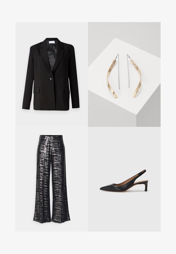 Mustmust valmistatud siledast kangast, millel on ühe nupu kinnitamine, kaks esipoolset taskut, teravad kraed ja satiinist vooder.; Valge ilma varrukateta T-särk, mis on valmistatud ribakangast, ümarate kaelustega ja kitseneva siluetiga, minimaalse õmbluste ning ilma kaunistusteta.; Mustad laiad püksid läikiva sädelevate detailidega ja lainelise mustriga. Kõrge vöökoht, voolav siluett ja sile pind.; Must musta slingback tüüpi kingad terava nina, madala kontsaga ja sileda pinnaga. Sisaldab õhukest reguleeritavat rihma turvaliseks istumiseks.; Kulla- ja hõbedased ripatsid kõrvarõngad, millel on kõver, piklik kuju. Läikiv viimistlus koos sujuva tekstuuri ja minimalistliku kujundusega.