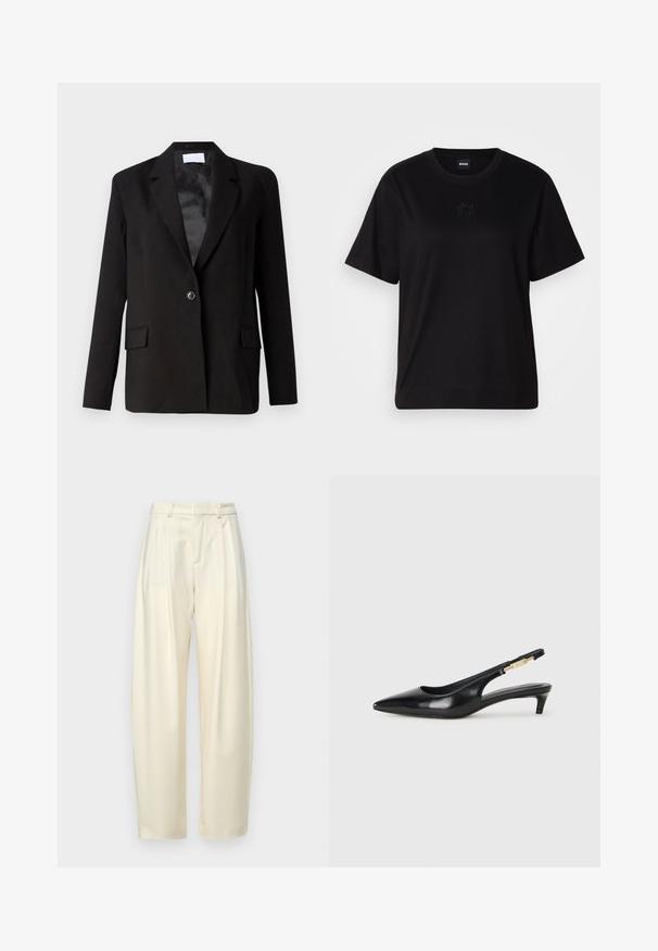 Fekete blézer sima anyagból, egygombos záródással, két elülső zsebbel, éles hajtókákkal és selymes bélés belső résszel.; Fekete pamut póló kerek nyakkivágással, rövid ujjakkal és hímzett logóval a mellkasán. Egyszerű, laza szabás, minta nélkül.; Redőzött, magas derekú nadrág világos krém színű anyagból. Egyenes vonalvezetésű és sima tapintású. Nincsenek zsebek vagy látható fémrészletek.; Fekete bőr slingback magassarkúk, hegyes orral, vékony sarkakkal és arany színű részlettel a állítható pánton. Simа felület.
