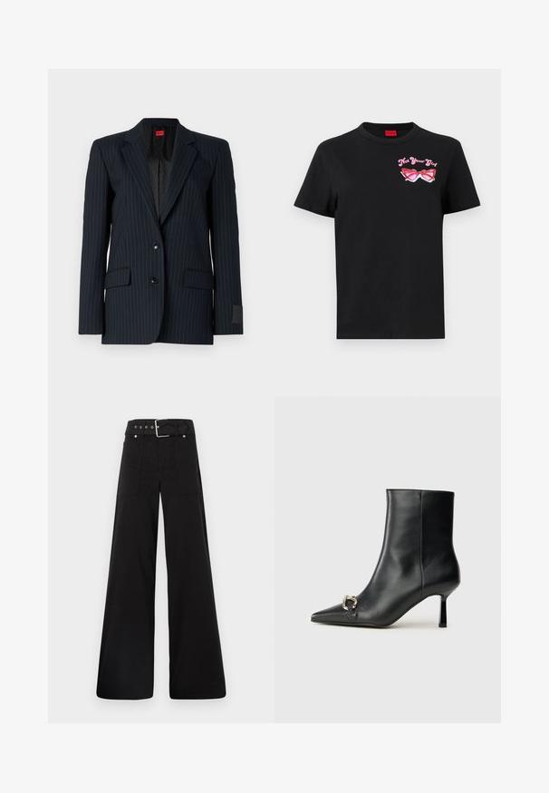 Sacou elegant de culoare bleumarin închis, cu dungi verticale subțiri, având rever cu tăietură, închidere cu două nasturi și două buzunare frontale. Etichetă roșie la interior.; Tricou din bumbac negru cu mâneci scurte, având o grafică roz cu o pereche de ochelari de soare și textul "Not Your Girl" pe zona stângă a pieptului.; Pantaloni negri cu croială largă, confecționați din bumbac, cu talie înaltă, buzunare laterale mari și talie prevăzută cu brâu cu accente din metal argintiu.; Botine negre din piele, cu vârf ascuțit, toc subțire de înălțime medie și detaliu cu cataramă argintie pe lateral, pe un fundal simplu.