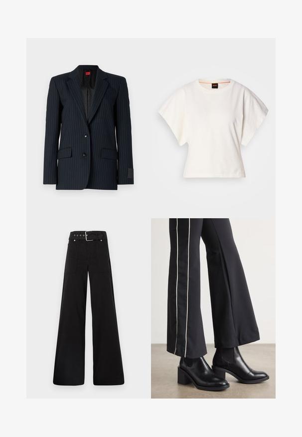 Dunkelblaues, tailliertes Blazer mit feinen vertikalen Streifen, ausgestattet mit aufgesetzten Revers, Zwei-Knopf-Verschluss und zwei Fronttaschen. Rotes Innenetikett.; Weißes, kurzes T-Shirt, kurze weite Ärmel, weicher Baumwollstoff, runder Ausschnitt mit subtilen orangefarbenen Akzenten, minimales Design, keine Muster oder Grafiken.; Schwarze weitgeschnittene Hose aus Baumwolle, mit hoher Taille, großen Seitentaschen und einem taillierten Bund mit silbernen Hardware-Akzenten.; Schwarze Lederstiefeletten mit einem Blockabsatz, ausgestattet mit elastischen seitlichen Einsätzen. Kombiniert mit schwarzen Hosen, die einen weißen Seitenstreifen haben.