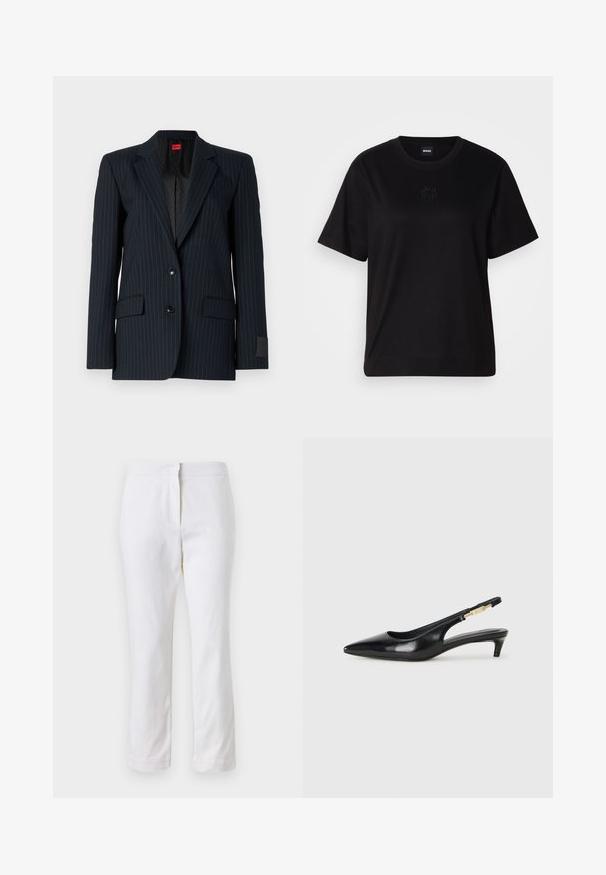 Tamsiai mėlyna pritaikyta bleizeris su plonomis vertikaliomis juostelėmis, turintis notch tipo apykaklę, dviejų mygtukų užsegimą ir dvi priekinės kišenės. Raudona vidaus etiketė.; Juodas medvilninis marškinėliai su apvalia iškirpte, trumpomis rankovėmis ir siuvinėjimu ant krūtinės. Paprastas, laisvas siluetas be raštų.; Balti medvilniniai kelnių su tiesiu kojų dizainu, turintys vidutinį liemenį ir be matomų detalių ar raštų. Lygi tekstūra visame paviršiuje.; Juodas odinis pavasario batelių modelis su smailiu nosiu, turintis siaurą kulniuką ir auksinės spalvos akcentu reguliuojamoje juostoje. Lygi tekstūra.