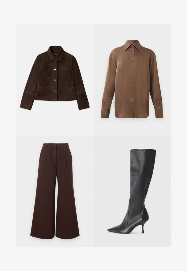 Pruunest sametist lühike jakk, millel on allaklapitav krae, ees nupuvajutusega kinnis ja broderi logo detail. Omab pikki varrukasid ja kahte eesmist taskut.; Pruun pikkade varrukatega nööbitav särk terava krae ja mansettidega, esitatud lihtsa valge tausta ees.; Kõrge vöökoht, laiad pruunid püksid nupuga ja tõmblukuga, vöörihmadega ning ees olevate voltidega.; Knee-high mustad nahksaapad terava nina ja kitsaste stiilsete kontsadega. Sile tekstuur sobiva disainiga ja õmblused ülemisel serval.