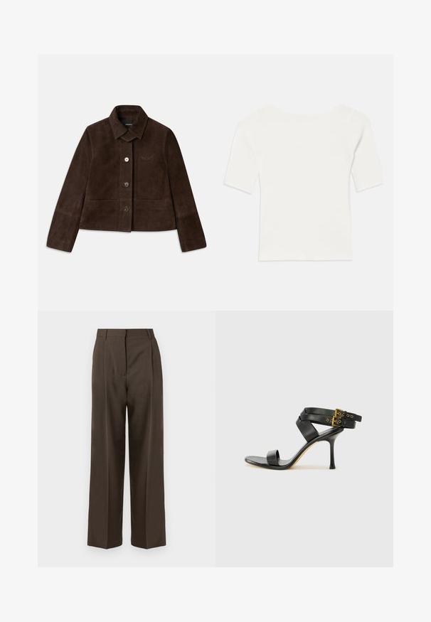 Rudos zomšos trumpas švarkas su nusileidžiamu apykakle, priekyje užsegamas mygtukais ir siuvinėtu logotipu. Turi ilgas rankoves ir dvi priekinės kišenes.; Balta raukšlėta trumpomis rankovėmis palaidinė su plačiu kaklu. Tekstūra turi vertikalias juosteles, pabrėžiančias tvirtą prigludimą ir paprastą dizainą.; Rudos platesnios kelnės su lygiu paviršiumi, turinčios aukštą liemenį, priekinės klostes ir pritaikytą dizainą. Nėra matomų kišenių ar puošmenų.; Juodi kulniškų sandalai su kryžminėmis juostelėmis ir reguliuojamu sagtimi. Ypatybė – lygus paviršius ir siauras smailas kulnas.