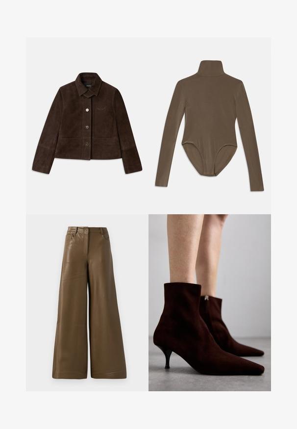 Casaco cropped de camurça castanho com colarinho dobrável, fecho frontal por botão e detalhe de logótipo bordado. Possui mangas longas e dois bolsos frontais.; Bodysuit de mangas longas em tecido castanho escuro, com um colarinho alto, textura suave e design costas em forma de concha, ajustado ao corpo.; Calças de perna larga feitas de imitação de pele castanha e lisa. Apresenta uma cintura alta, quatro bolsos e um fecho de correr à frente. Textura lisa e design minimalista.; Botas de tornozelo em camurça castanha com bico afiado, salto alto elegante e detalhe com fecho atrás, apresentando uma textura suave e um design minimalista.