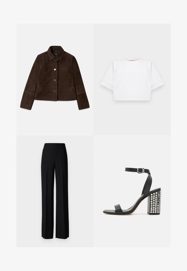 Veste cropped en daim brun avec un col rabattu, fermeture à boutons sur le devant et détail de logo brodé. Elle possède des manches longues et deux poches avant.; T-shirt blanc court en tissu doux, avec des manches courtes, un col rond et des détails en côtes sur l'ourlet. Design simple et sans embellissement.; Pantalons noirs à jambes larges avec une texture lisse, dotés d'une taille haute et de plis centraux. Pas de motifs visibles ni de détails en matériel.; Sandales à talons noires en cuir avec une bride de cheville. Dotées d'un bout carré, d'une texture lisse et d'un talon carré orné de clous en argent.