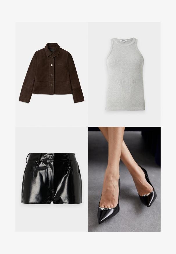 Braune Wildleder-Cropped-Jacke mit umklappbarem Kragen, vorderem Knopfverschluss und gesticktem Logodetail. Verfügt über lange Ärmel und zwei frontale Taschen.; Graues, geripptes Tanktop mit figurschmeichelndem Design, weiten Armausschnitten und runder Ausschnittlinie. Aus weichem Baumwollstoff mit glatter Textur gefertigt.; Schwarze, glänzende Shorts aus synthetischem Material. Mit einem taillierten Bund, Gürtelschlaufen und vorderen Taschen mit auffälligen Nähdetails.; Schwarze Leder-Pumps mit hohem Absatz, spitzer Zehenform und offenem Design, ausgestattet mit einem dekorativen silbernen Akzent. Glatte Textur mit poliertem Finish.