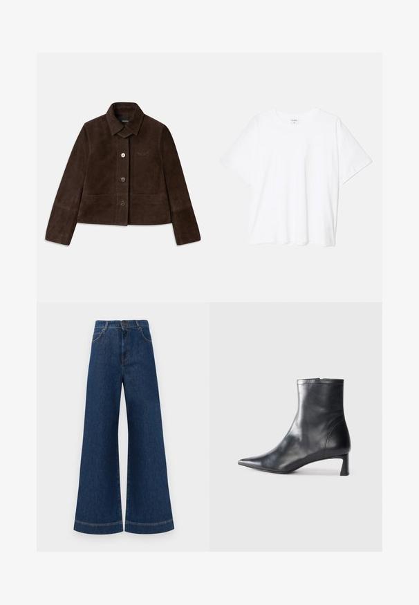 Braune Wildleder-Cropped-Jacke mit umklappbarem Kragen, vorderem Knopfverschluss und gesticktem Logodetail. Verfügt über lange Ärmel und zwei frontale Taschen.; Weißes Baumwoll-T-Shirt mit kurzen Ärmeln, runder Halslinie, lockerer Passform und genähtem Saum. Etikett sichtbar am inneren Kragen.; Weite blaue Jeans aus Denim mit hoher Taille, ausgestattet mit einem Knopfverschluss, Gürtelschlaufen und dezenten Stichdetails an den Taschen und Säumen.; Schwarze Lederstiefelette mit spitzer Zehe und schlankem Design. Verfügt über einen niedrigen Absatz und einen Reißverschluss hinten. Glatte Textur.