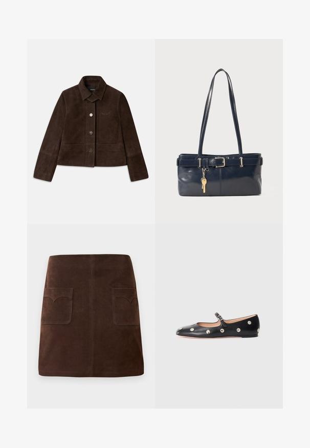 Chaqueta corta de ante marrón con cuello plegable, cierre delantero de botones y detalle de logo bordado. Cuenta con mangas largas y dos bolsillos frontales.; Top de manga larga, color beige claro, con cuello redondo. Fabricado en un tejido suave, presenta una costura central y un dobladillo ligeramente curvado. Sin herrajes visibles.; Falda de ante marrón con una clásica forma de A, dos bolsillos frontales con solapas redondeadas y detalles de costura sutiles.; Zapato plano tipo Mary Jane de cuero negro con punta redonda, adornado con tachuelas circulares plateadas y una correa ajustable con hebilla.; Bolso de mano de cuero navy con dos asas largas, un detalle de hebilla y un llavero adjunto. Presenta una textura suave y una forma rectangular.