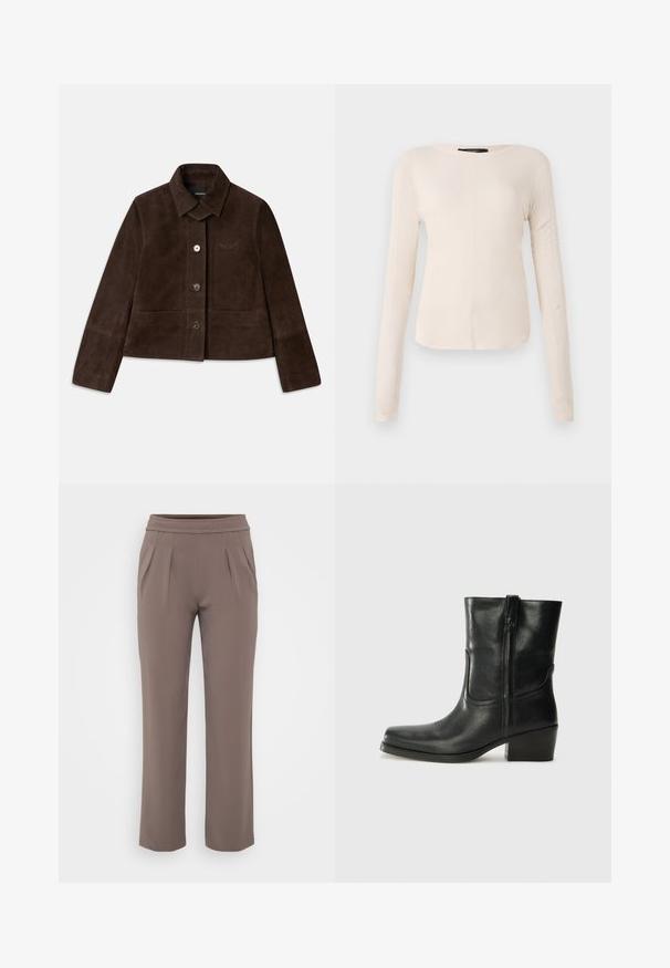 Giacca corta in suede marrone con colletto a risvolto, chiusura con bottoni frontali e dettaglio logo ricamato. Presenta maniche lunghe e due tasche frontali.; Maglietta a maniche lunghe di colore beige chiaro con scollatura rotonda. Realizzata in tessuto morbido, presenta una cucitura centrale e un orlo leggermente curvato. Senza hardware visibile.; Pantaloni taupe a vestibilità ampia con elastico in vita e pieghe frontali, realizzati in tessuto morbido.; Stivale ankle in pelle nera con punta arrotondata, tacco a blocco, cerniera laterale e dettagli in cucitura sulla tomaia. Texture liscia, design classico.