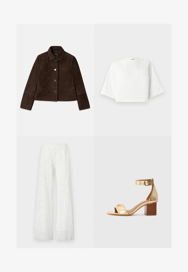 Barna velúr cropped dzseki lehajtható gallérral, elől gombos záródással és hímzett logóval. Hosszú ujjak és két elülső zseb jellemzi.; Fehér, rövidített póló laza fazonnal, széles rövid ujjakkal, kerek nyakkal és oldalsó hasítékokkal, puha pamut anyagból készült.; Fehér, bő szárú nadrág, rugalmas derékkal, ami texturált, virágos csipkepatternt mutat az anyagon.; Arany fémes sarkú szandál, széles pánttal a lábujjak felett, csattal ellátott bokapánttal és tömb sarkal. Simább textúra, minimális részletezéssel.