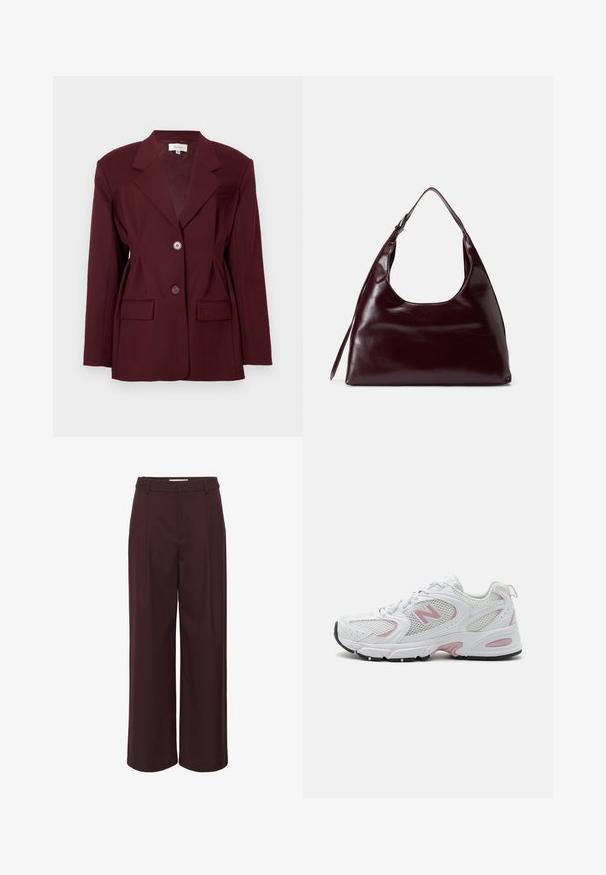 Burgunderfarget blazer med noterte slag, to knapper og to frontlommer. Glatt stoff med strukturert passform og minimal detaljering.; Vero Moda Tall VMHAPPINESS ROLLNECK - Strikkegenser - winetasting; Vide benbukser i dyp burgunder, laget av et glatt stoff. Har høy midje med legg og enkle beltehemper for et skreddersydd utseende.; Hvite treningssko med mesh- og syntetisk overdel, rosa detaljer, polstret krage og svart gummisåle. Har synlige perforeringer og logo.; Burgunderfarget lærveske med avrundet utskjæring på toppen, glatt tekstur og lang skulderreim, med minimalisk design og ingen synlig maskinvare.; Brun uten ermer strikket t-skjorte med rund hals, med en myk tekstur og enkelt design. Subtile variasjoner i farge og minimal detaljering.