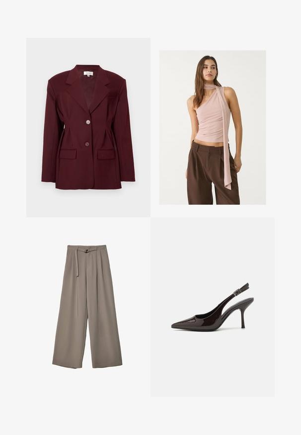 Burgundy blazer med notchade slag, två knappar och två framfickor. Slät tyg med en strukturerad passform och minimal detaljering.; Asymmetrisk rosa topp med samlad struktur, med en lång scarfdetalj. Kombinerad med bruna vida byxor. Mjuk tyg, minimalistisk design.; Breda byxor i ett mjukt, dämpat grått tyg, med belagd midja och veck för extra designdetaljer. Slät textur, inga mönster.; Högklackad slingback-sko i blankt mörkbrunt lackläder, spetsig tå, öppna sidor och justerbart ankelsnöre.