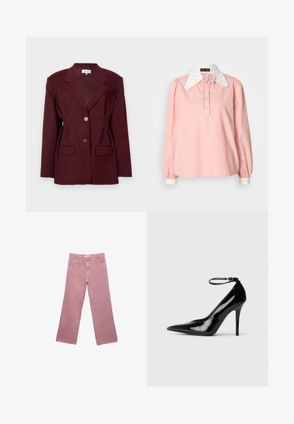 Bordowy żakiet z klapami, na dwa guziki i dwoma przednimi kieszeniami. Gładki materiał o dopasowanym kroju i minimalnym wykończeniu.; Różowa bluzka z długim rękawem, z białym kołnierzykiem, ozdobiona różowym akcentem, zapinana na guziki, z elastycznymi mankietami. Wykonana z lekkiego materiału.; Różowe dżinsy o szerokich nogawkach, wykonane z denimu, z wysokim stanem, przednimi kieszeniami i subtelnymi detalami w postaci przeszyć. Gładka tekstura bez wzorów.; Czarne lakierowane szpilki z pointed toe, paskiem na kostce i eleganckim, błyszczącym wykończeniem. Obcas w stiletto dopełnia elegancki design.