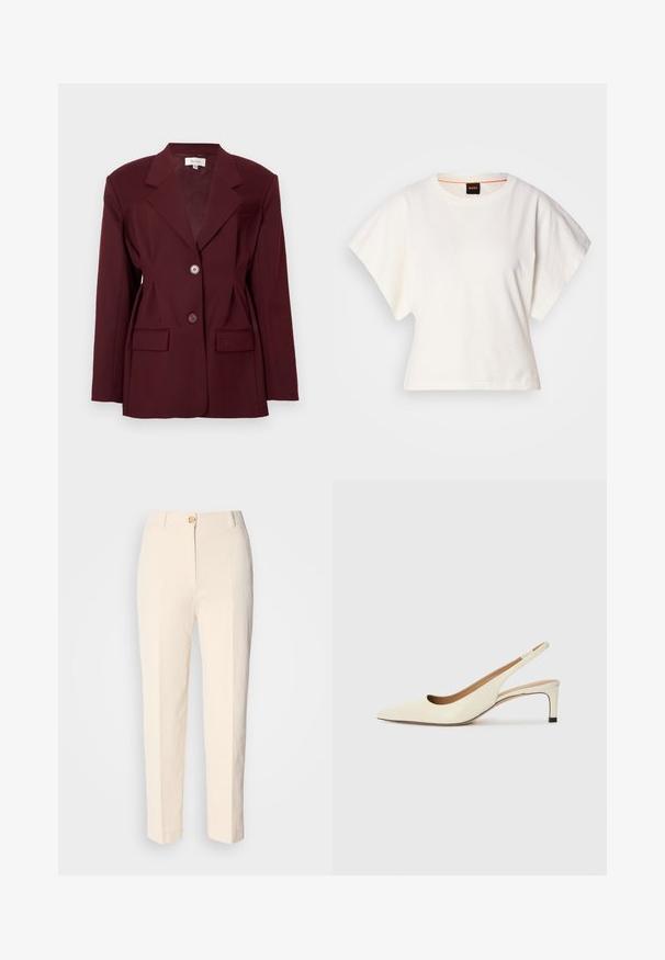 Μπορντό σακάκι με ανάγλυφες πέτες, δύο κουμπιά και δύο μπροστινές τσέπες. Λείου υφάσματος με δομημένη εφαρμογή και ελάχιστες λεπτομέρειες.; Λευκό κοντομάνικο μπλουζάκι, φαρδιές κοντές μανίκες, μαλακό βαμβακερό υλικό, στρογγυλή λαιμόκοψη με διακριτική πορτοκαλί λεπτομέρεια, μινιμαλιστικός σχεδιασμός, χωρίς σχέδια ή γραφικά.; Κρεμ χρώματος παντελόνι με ψηλή μέση, φτιαγμένο από υφασμάτινο υλικό με υφή. Διαθέτει κλείσιμο με κουμπί μπροστά και φαρδιά πόδια.; Μπαλαρίνα με μυτερή μύτη σε εκρού δέρμα, με χαμηλό τακούνι και κομψό σχέδιο κοπής, διαθέτοντας λεία υφή και ελάχιστες λεπτομέρειες.