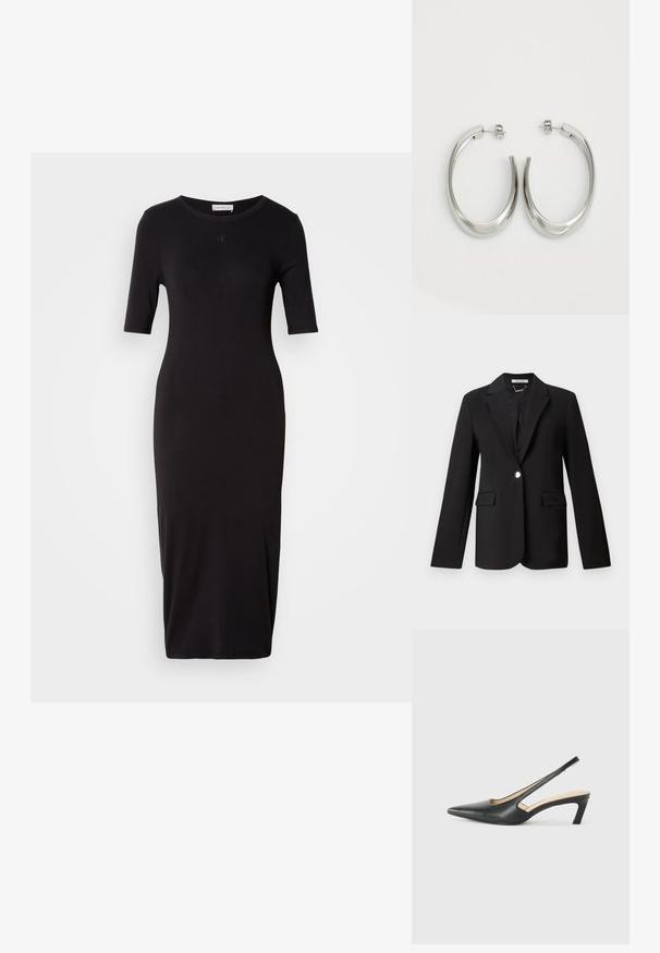 Crni sako od glatkog materijala s reverima, zatvaranjem na jedan dugme i dva prednja džepa. Prilagođeni kroj s dugim rukavima.; Crna uska haljina od glatkog materijala, s kratkim rukavima, okruglim izrezom i dužinom do sredine lista. Suptilan detalj s logotipom na grudima.; Crne cipele s izduženim vrhom i remenom oko pete, s niskom petom, izrađene od glatke kože i s izrezbarenom stranom radi prozračnosti.; Srebrne kružne naušnice s glatkim, zakrivljenim dizajnom. Imaju sjajnu metalnu završnu obradu i kopču na tipku. Nema vidljivih uzoraka ili ukrasa.