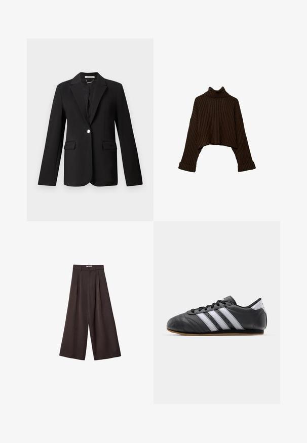 Blazer nero in tessuto liscio con revers a punta, chiusura con un solo bottone e due tasche frontali. Vestibilità sartoriale con maniche lunghe.; Maglione a collo alto in cotone marrone, con maniche lunghe e un design a maglia strutturata. Presenta polsini larghi e un colletto aderente.; Camisola nera con sottili spalline regolabili, caratterizzata da un davanti drappeggiato e dettagli arricciati sul lato, realizzata in tessuto leggero.; Pantaloni neri a gamba larga con vita alta, caratterizzati da pieghe frontali e chiusura con bottone in vita, realizzati in tessuto liscio.; Scarpa sportiva in pelle nera con strisce bianche, punta rotonda, suola piatta e chiusura con lacci. Presenta perforazioni per la traspirabilità.