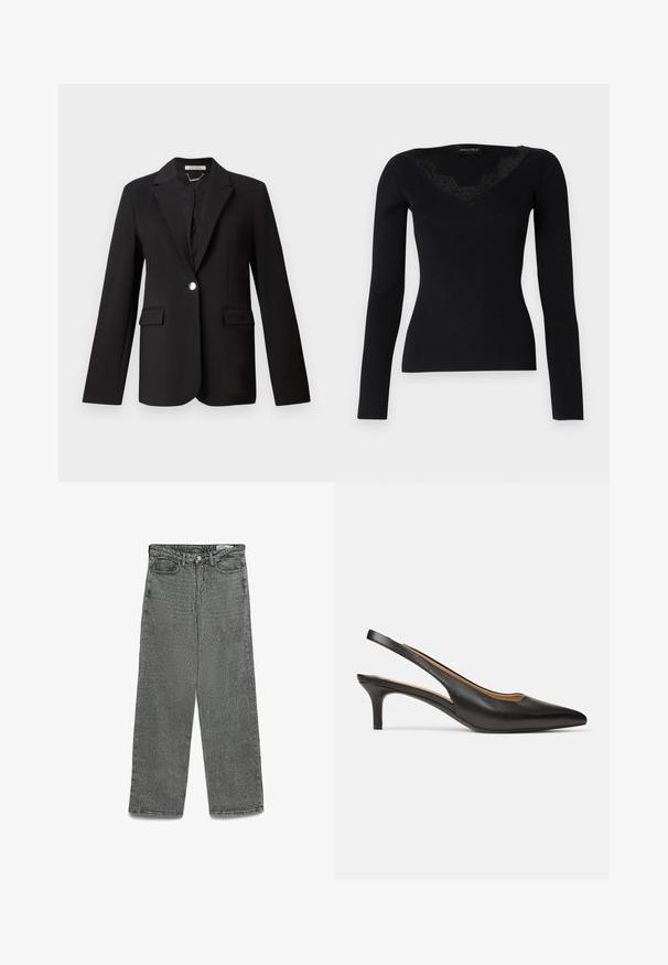 Zwarte blazer van gladde stof met een gelazerd revers, enkele knoopsluiting en twee steekzakken aan de voorkant. Getailleerde pasvorm met lange mouwen.; Zwarte langemouwen rib gebreide top met een V-hals en kanten accenten. De stof voelt glad en aansluitend aan, geschikt voor gelaagde looks.; Grijs hooggeknoopt jeans met een rechte pijp, knoop- en ritssluiting, riemlussen en voor- en achterzakken.; Zwarte leren slingback pump met puntschoen en lage kittenheel, zijaanzicht op een effen witte achtergrond.