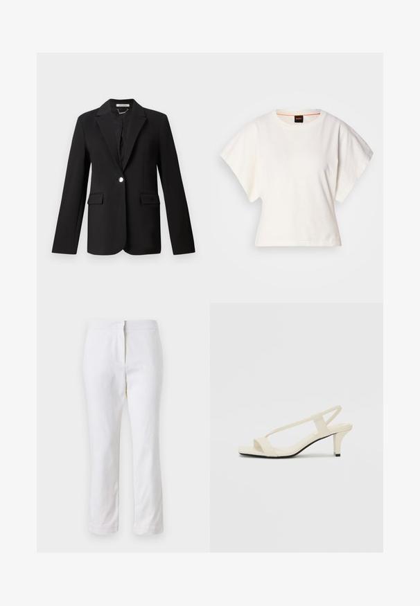 Blazer negro hecho de un tejido suave con solapa con muesca, cierre de un solo botón y dos bolsillos frontales. Ajuste entallado con mangas largas.; Camiseta blanca recortada, con mangas cortas y anchas, material de algodón suave, cuello redondo con un sutil ribete naranja, diseño minimalista, sin patrones ni gráficos.; Pantalones de algodón blancos con un diseño de pierna recta, que cuentan con una cintura de media altura y sin herrajes o patrones visibles. Textura suave en todo su recorrido.; Sandalias de tacón cuadrado en color beige con tiras delgadas y punta cuadrada. Material suave con un diseño minimalista, diseñado para facilitar su uso.