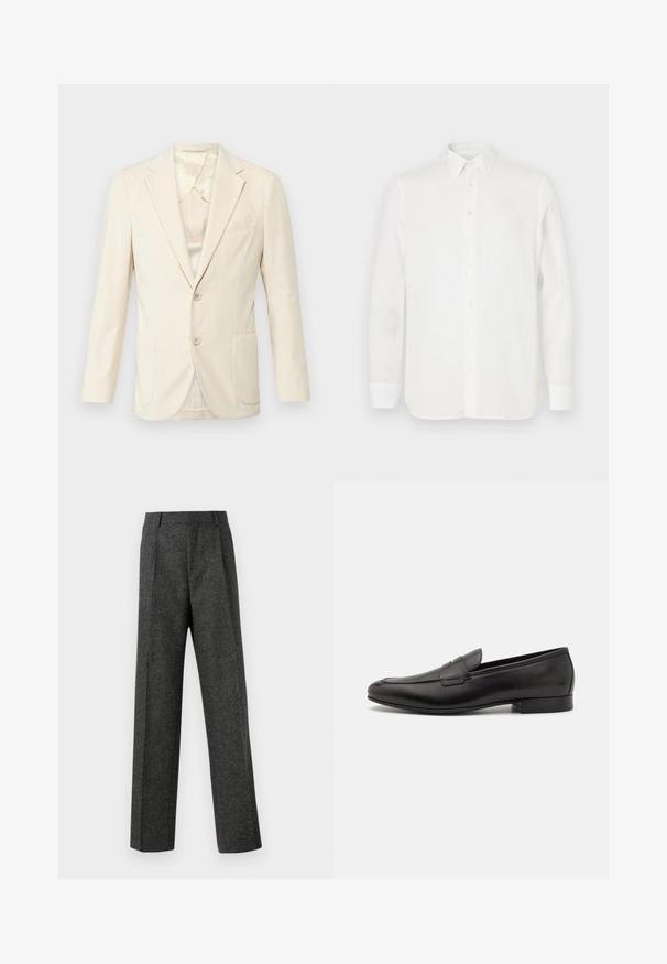 Béžový blazer s texturovanou látkou, jednobarevný design, dvě přední kapsy a klopové límce. Podšívka s jemným leskem.; Bílá košile s dlouhým rukávem vyrobená z lehkého materiálu, s klasickým límcem, zapínáním na knoflíky a rovně střiženým lemem. Hladká textura.; Šedé kalhoty na míru vyrobené z texturované tkaniny, s dvěma předními záhyby a rovnými nohavicemi. Bez viditelných kapes nebo ozdob.; Černé kožené mokasíny s elegantním designem, zaoblenou špičkou a nízkým podpatkem. Mají dekorativní prošívaný detail na svršku.
