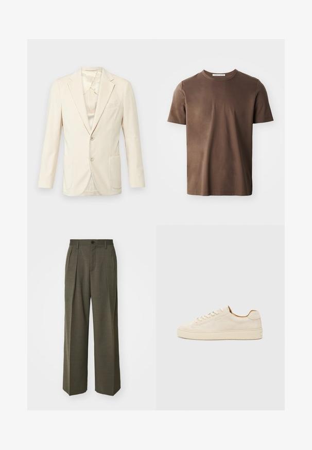Béžový blazer s texturovanou látkou, jednobarevný design, dvě přední kapsy a klopové límce. Podšívka s jemným leskem.; Hnědý bavlněný tričko s kulatým výstřihem, krátkými rukávy a hladkou texturou. Na výstřihu se nachází štítek "TIGER OF SWEDEN".; Filippa K WIDE TROUSERS - Kalhoty - driftwood; Beige semišové tenisky s nízkým střihem, kulatou špičkou, plochými tkaničkami a texturovanou gumovou podrážkou. Minimalistický styl bez viditelných log.