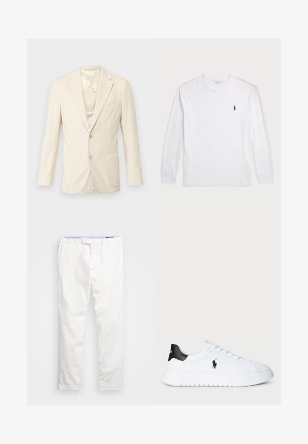 Kreminės spalvos švarkas su tekstūruotu audiniu, vieno eilių užsegimas, dvi priekinės kišenės ir išpjautos apykaklės. Pamušalas su švelniu blizgesiu.; Balta ilgomis rankovėmis marškinėliai iš medvilnės. Gali būti apvalios formos kaklas, raukšlės ant rankovių, ir nedidelis tamsiai mėlynas polo logotipas kairėje krūtinės pusėje.; Balti medvilniniai chinosai su tiesiomis kojomis, diržo kilputėmis, šoniniais kišenėmis ir lygiu paviršiumi. Viduje yra šviesiai mėlynas pamušalas.; Balti žemesnio profilio sportiniai bateliai su juodu kulno užtrauktuku ir juodu Polo Ralph Lauren logotipu šone, su baltais raišteliais ir storu guminiu padu.