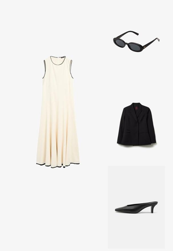 Blazer nero sartoriale con revers a punte, maniche lunghe e due tasche a filetto frontali, steso su uno sfondo bianco.; Abito senza maniche, lungo fino al ginocchio, in tessuto bianco sporco con scollatura rotonda e bordi neri lungo i lati. Gonna svasata per una maggiore libertà di movimento.; Mule in pelle nera con punta appuntita e tacco stiletto basso. Texture liscia, design minimalista e schienale aperto per una facile indossabilità.; Occhiali da sole neri oversize con lenti ovali, montatura in plastica liscia e accenti dorati sulle tempie. Le lenti scure offrono protezione dal sole.; Clutch bag in pelle intrecciata nera con forma rettangolare, dotata di una maniglia sottile e discreti dettagli in oro.