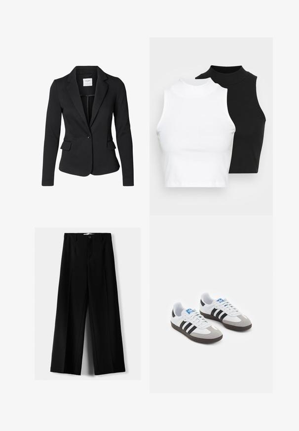 Svart blazer i texturerad materia, med en enkel knappstängning, slagkrage och två sidofickor. Inga synliga mönster eller accenter.; Två ärmlösa ribbade polotröjor i svart och vitt, med en figursydd design och slät textur, i en kortad längd.; Svarta vida byxor i lätt material, med knappstängning fram och platt front, samt väl sydda fållar.; Sportskor med överdel i vit läder, grå mocka på tårna och tre svarta ränder. Har en blå logotyp på tungan och en texturerad gummisula.