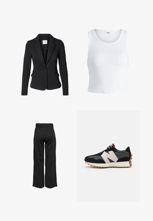 Fekete blézer texturált anyagból, egysoros gombolással, lekerekített hajtókákkal és két oldalsó zsebbel. Nincsenek látható minták vagy díszítések.; Fehér bordás ujjatlan top, kerek nyakkivágással és rövid hosszal. A címke szerint "JJXX". Sima szövettextúra.; Fekete, bővülő szárú nadrág, elasztikus derékkal, sima anyagból készült. Tiszta dizájn jellemzi, zsebek és látható varrási részletek nélkül.; Fekete és szürke velúr sportcipő nagy krémszínű "N" logóval, lila fűzőkkel és texturált gumi talppal.
