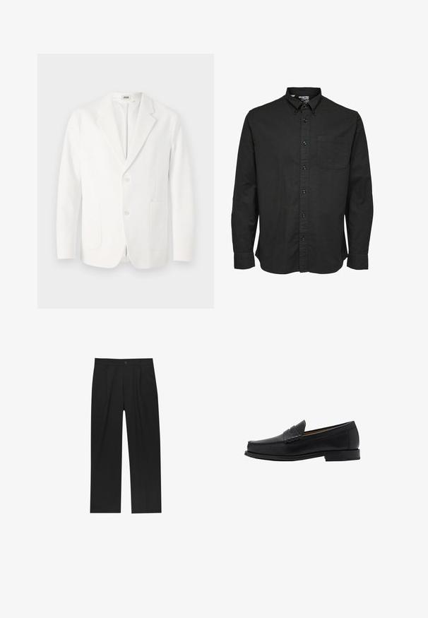 Biała marynarka wykonana z gładkiego materiału, z wyłamiwanym kołnierzykiem, dwoma guzikami i dwoma przednimi kieszeniami. Prosty, dopasowany krój.; Czarna, długosleeve, zapinana na guziki koszula wykonana z bawełnianego materiału, z klasycznym kołnierzykiem, kieszenią z przodu i pasującymi czarnymi guzikami.; Czarne spodnie o prostym kroju, wykonane z gładkiego materiału. Posiadają zakładki z przodu i pojedyncze zapięcie na guziki w pasie.; Mango - Biznesowe loafersy