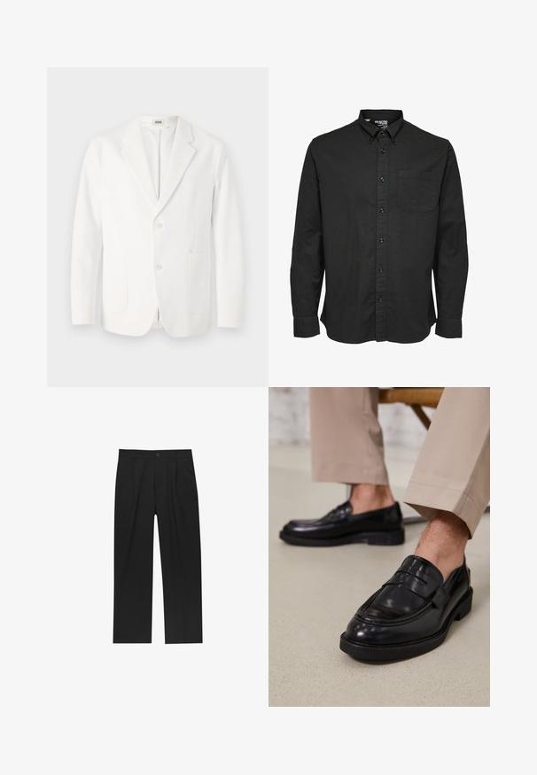 Weißer Blazer aus glattem Stoff, mit eingekerbtem Revers, zwei Knöpfen und zwei vorderen Taschen. Einfaches, tailliertes Design.; Schwarzes Langarm-Hemd aus Baumwollstoff mit Standardkragen, Fronttasche und passenden schwarzen Knöpfen.; Schwarze Hose mit geradem Schnitt, aus einem glatten Stoff gefertigt. Verfügt über Vorderfalten und einen einzelnen Knopfverschluss an der Taille.; Schwarze Lederloafers mit glatter Oberfläche, ausgestattet mit einem dekorativen Riemen und Kontrastnähten, kombiniert mit beigen Hosen.