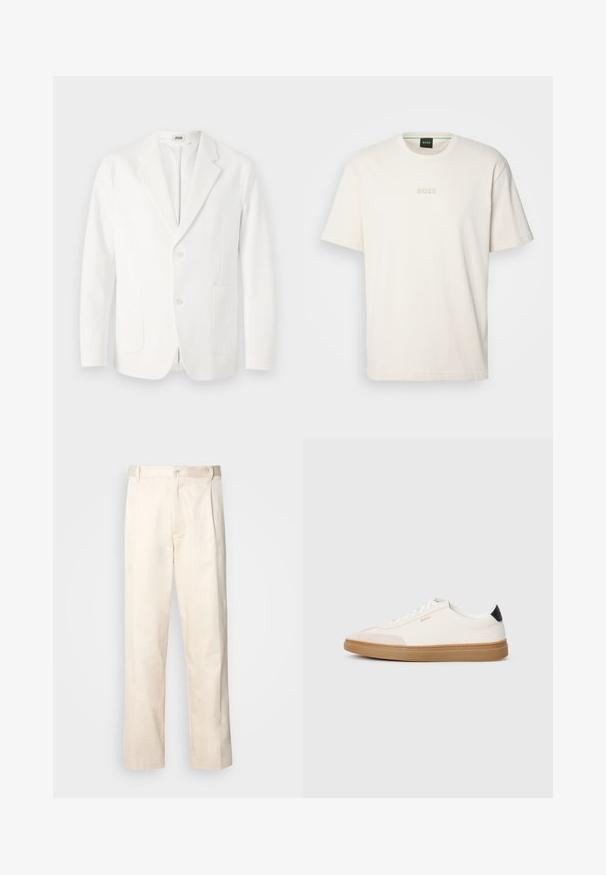 Blazer bianco in tessuto liscio, con rever a punta, due bottoni e due tasche frontali. Design semplice e sartoriale.; BOSS TEE - T-shirt basic - open white; Pantaloni in cotone beige con taglio dritto, dotati di chiusura a bottone e pence sul davanti per un tocco di dettaglio in più.; Sneakers bianchi con accenti beige, tomaia in pelle liscia, punta arrotondata e suola in gomma, con un tassello sul tallone nero e un branding sottile.