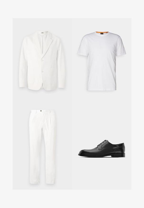 Blazer blanco de tejido suave, con solapa muesca, dos botones y dos bolsillos frontales. Diseño simple y entallado.; Camiseta de algodón blanca con cuello redondo, mangas cortas y un sutil logo en relieve en el pecho. La etiqueta interior tiene un acento naranja.; Pantalones blancos con un frente plano, dos pinzas y cierre de botón. Están hechos de una tela ligera, cuentan con piernas rectas y puños enrollados.; Zapato de vestir de cuero negro con punta redondeada, textura suave, costuras mínimas y suela plana con un sutil logo en el tacón.