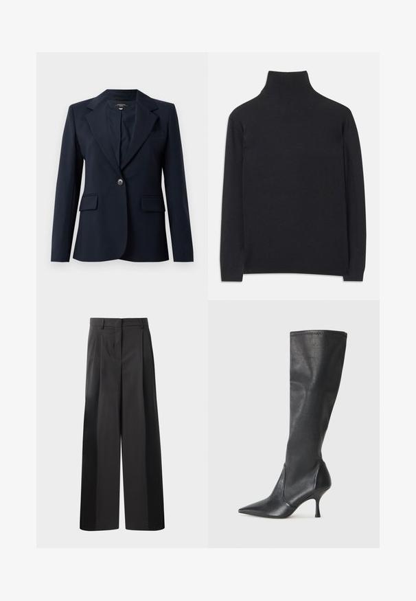 Marineblazer gemaakt van soepele stof, met een gelapte revers, één knoopsluiting, twee frontrugzakken en een borstzak.; Zwarte coltrui gemaakt van zacht materiaal. Heeft lange mouwen, een hoge hals, en ribbelachtige boorden en onderkant voor een aansluitende look.; Zwarte wijde broek met hoge taille, met voorplooien, een gladde textuur en een nette afwerking. Ontworpen voor een ontspannen pasvorm.; Kniehoge zwarte leren laarzen met een spitse neus en een slanke stilettohak. Glad textuur met een aansluitend ontwerp en stiksels aan de bovenrand.