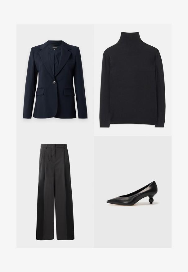 Námornícky blazer vyrobený z hladkej tkaniny, s vykrojeným klopom, jednou gombíkovou prackou, dvoma prednými vreckami a náprsného vrecka.; Čierny rolák z mäkkej tkaniny. Má dlhé rukávy, vysoký golier a rebrované manžety a lem pre priliehavý vzhľad.; Čierne široké nohavice s vysokým pásom, so záhybmi vpredu, hladkou textúrou a prispôsobeným strihom. Navrhnuté pre uvoľnený strih.; Čierna kožená vysoká topánka na podpätku s ostrým špičkou a okrúhlym, guľatým podpätkom. Hladký povrch s moderným, minimalistickým dizajnom.