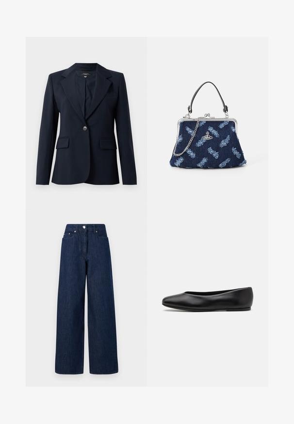 Marineblazer gemaakt van soepele stof, met een gelapte revers, één knoopsluiting, twee frontrugzakken en een borstzak.; Witte overhemd met knopen, gemaakt van lichtgewicht stof. Heeft een klassieke kraag, twee borstzakken en een iets langere achterkant.; Hoge taille, donkerblauwe wijde jeans met knoopsluiting, zakken aan de voorkant en riemlussen op een witte achtergrond.; Paul Smith TOPANGA - Ballerina's - black; Denim handtas met een zilveren sluiting, kettingband en blauwe bloemenstructuur. Voorzien van een zwarte handgreep en ingewikkelde geborduurde patronen.