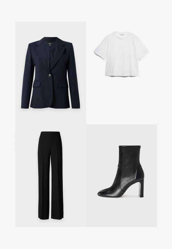 Blazer azul-marinho feito de tecido suave, com lapela com entalhe, fecho de botão único, dois bolsos frontais e um bolso no peito.; T-shirt de algodão branca com mangas curtas, gola redonda, corte descontraído e sem padrões ou gráficos visíveis. Textura suave e design simples.; Calças largas pretas com uma textura suave, apresentando uma cintura alta e pregas centrais. Sem padrões visíveis ou detalhes em metal.; Bota de tornozelo em couro preto com um design elegante, bico pontudo e um alto salto bloco. Apresenta uma textura suave e um detalhe de costura minimalista.