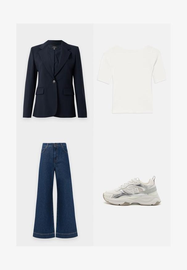 Marynarka w granatowym kolorze, wykonana z gładkiego materiału, posiada klapowy kołnierz, zapięcie na jeden guzik, dwie przednie kieszenie oraz kieszeń na piersi.; Biała, prążkowana bluzka z krótkim rękawem i szerokim dekoltem. Tekstura posiada pionowe paski, podkreślające dopasowany krój i prosty design.; Szerokie dżinsy w kolorze niebieskim z wysokim stanem, z zapięciem na guzik, szlufkami na pasek oraz subtelnymi detalami stębnowania wzdłuż kieszeni i brzegów.; Białe sportowe sneakersy z błyszczącymi srebrnymi akcentami, siateczkowymi panelami i grubą podeszwą. Posiadają logo po boku i teksturowany uchwyt na pięcie.