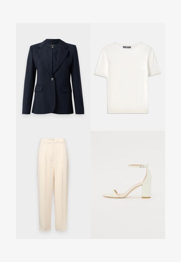 Jūras spēku bleizeris, izgatavots no gludas auduma, ar izgrieztu apkakli, vienu pogu aizdari, divām priekšējām kabatām un krūšu kabatu.; Balta īsām piedurknēm adīta blūze ar apaļu kakla izgriezumu, kurai ir gluda tekstūra un smalki riboti akcenti pie piedurknēm un apakšmalas.; Beige pielāgotas bikses ar taisnu piegriezumu, priekšpusē ar krokām, gluda tekstūra un vidējas augstuma jostasvieta. Nav redzamu kabatu.; Balts ādas blokpārklājs ar siksniņu ap potīti, kurai ir sprādze un minimālistisks dizains. Atvērta purna un gludas virsmas visā apavā.