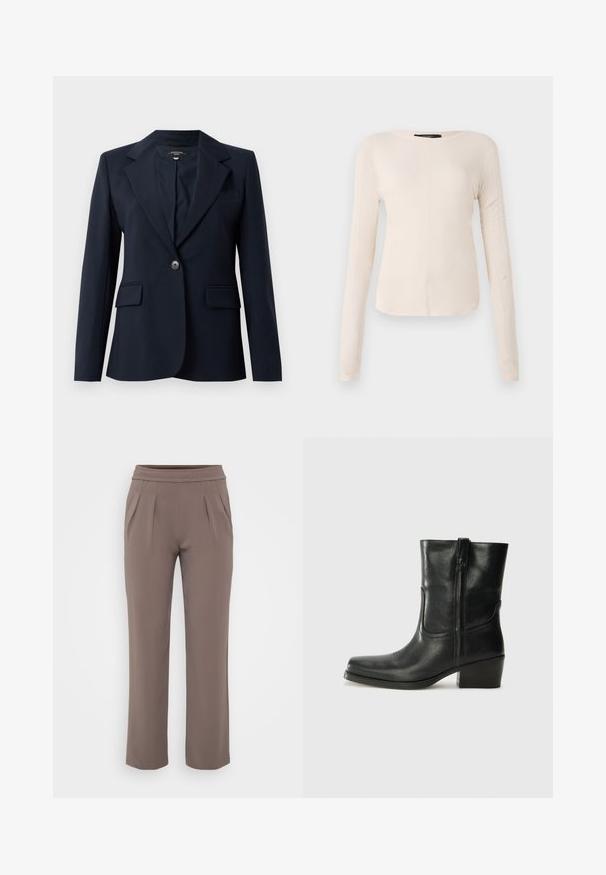 Navy blazer made of smooth fabric, features a notched lapel, single button closure, two front pockets, and a chest pocket.; Long-sleeve, light beige top with a round neckline. Made of soft fabric, features a central seam and slightly curved hem. No visible hardware.; Taupe loose-fit trousers with elastic waistband and front pleats, made from smooth fabric.; Black leather ankle boot with a rounded toe, block heel, side zipper, and stitching accents on the vamp. Smooth texture, classic design.