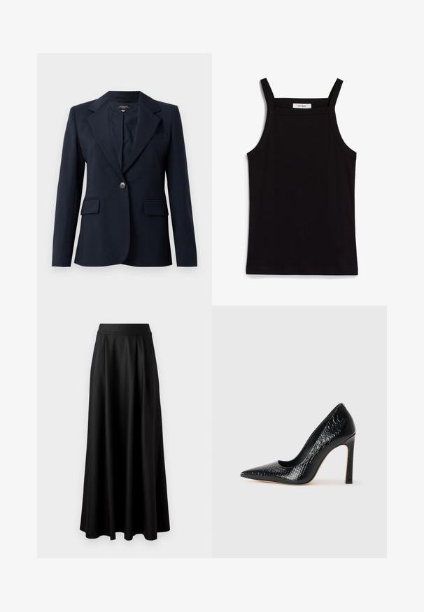 Navy sako vyrobené z hladké tkaniny, má klopový límec, zapínání na jeden knoflík, dvě přední kapsy a náprsní kapsu.; Černý top bez rukávů s tenkými ramínky, vyrobený z žebrované tkaniny, se rovný střih a štítek na výstřihu s nápisem "IVY OAK."; Černá sukně až na podlahu s hladkou strukturou, širokým pasem a sklady, bez viditelných vzorů nebo ozdob.; Černý lodičkový bot s špičatou špičkou, pokrytý texturou krokodýlí kůže, s elegantním designem, vysokým stiletto podpatkem a hladkým černým interiérem.