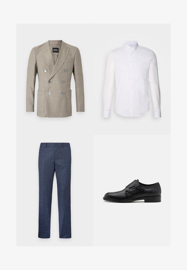 Blazer bege de duas fileiras com um tecido texturizado, dois bolsos frontais e botões metálicos. Etiqueta com a marca "BOSS."; Camisa branca de manga longa com botões, feita de algodão, apresentando um colarinho clássico, botões frontais e um detalhe de costura minimalista.; Calças azul marinho feitas de um tecido texturizado, com pernas retas, frente lisa e dois bolsos laterais. Sem padrões ou acentos visíveis.; Sapato de pele preto com fivelas duplas, silhueta elegante e bico redondo. Apresenta um salto baixo e textura suave.
